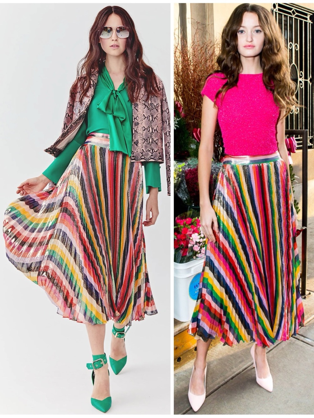 Alice + Olivia Katz Sunburst Pleated Metallic Stripe Midi Skirt